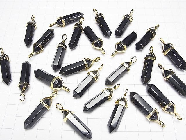 [Video] Black Obsidian AAA Double Point Pendant 32x8x8mm Gold color 3pcs