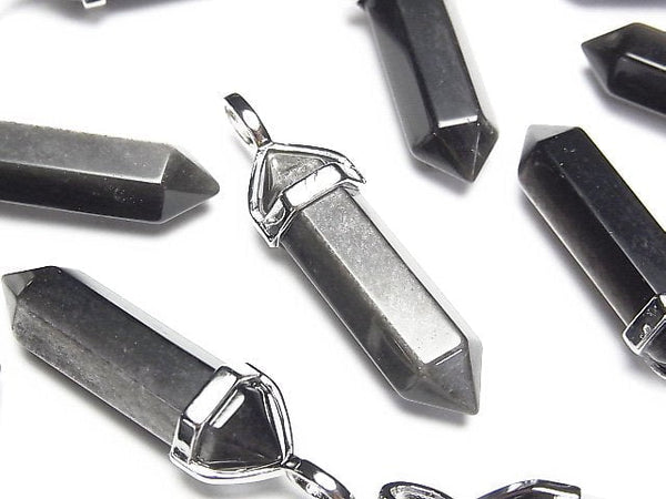 [Video]Silver Obsidian AAA Double Point Pendant 32x8x8mm Silver color 3pcs