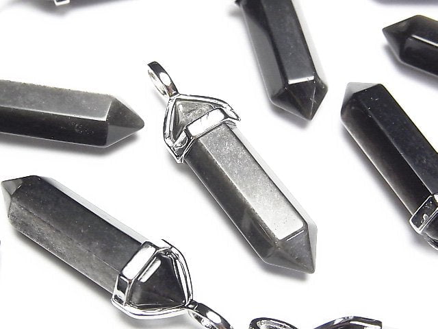 [Video]Silver Obsidian AAA Double Point Pendant 32x8x8mm Silver color 3pcs