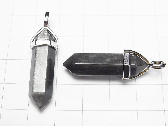 [Video]Silver Obsidian AAA Double Point Pendant 32x8x8mm Silver color 3pcs