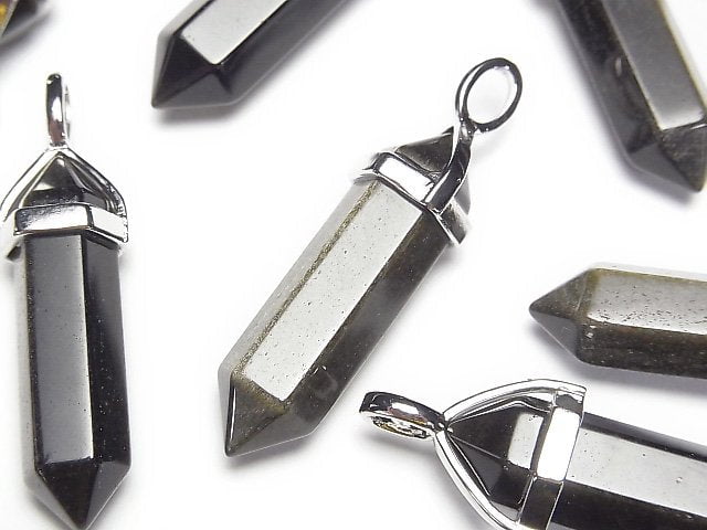 [Video] Golden Obsidian AAA Double Point Pendant 32x8x8mm Silver color 3pcs