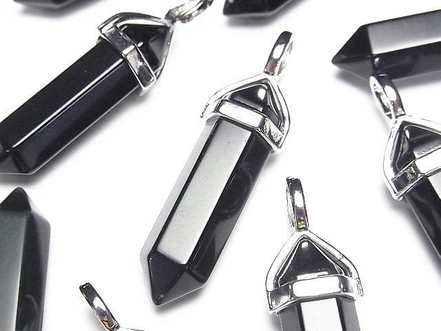 [Video] Black Obsidian AAA Double Point Pendant 32x8x8mm Silver color 3pcs