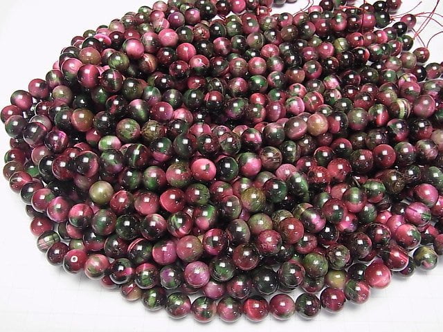 [Video] Mixed color Tiger's Eye Round 10mm [pink x green 2] half or 1strand beads (aprx.15inch/37cm)