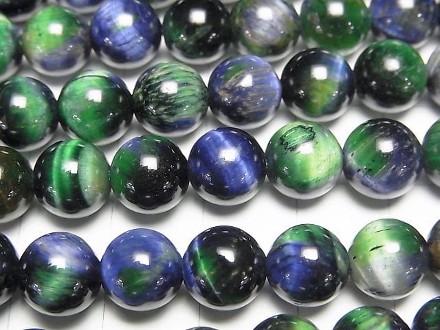 [Video] Mixed color Tiger's Eye Round 8.5mm [Blue x Green] 1 strand beads (aprx.15inch/37cm)