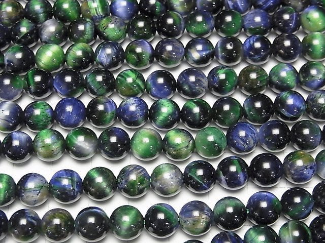 [Video] Mixed color Tiger's Eye Round 8.5mm [Blue x Green] 1 strand beads (aprx.15inch/37cm)