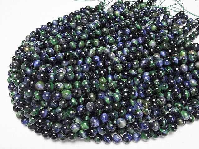 [Video] Mixed color Tiger's Eye Round 8.5mm [Blue x Green] 1 strand beads (aprx.15inch/37cm)