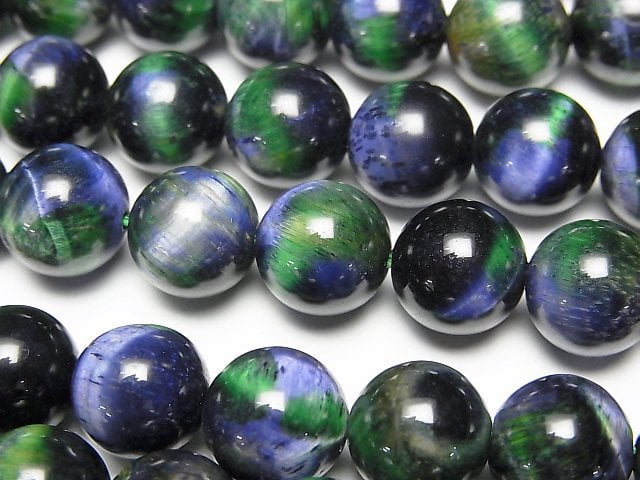 [Video] Mixed color Tiger's Eye Round 10mm [Blue x Green] half or 1strand beads (aprx.15inch/36cm)