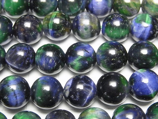 [Video] Mixed color Tiger's Eye Round 10mm [Blue x Green] half or 1strand beads (aprx.15inch/36cm)