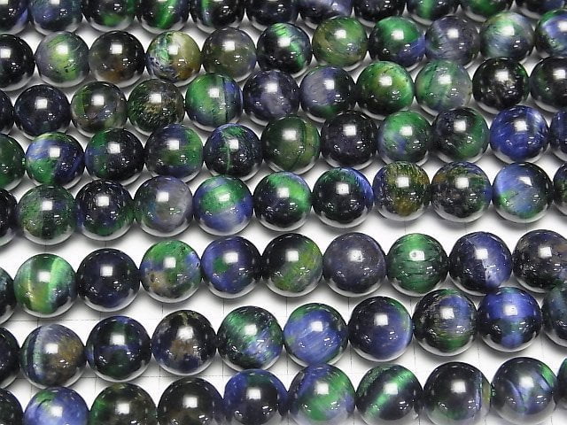 [Video] Mixed color Tiger's Eye Round 10mm [Blue x Green] half or 1strand beads (aprx.15inch/36cm)