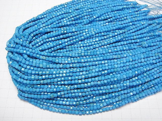 [Video]High Quality! Magnesite Turquoise Cube Shape 3.5x3.5x3.5mm [Blue] 1strand beads (aprx.15inch/36cm)