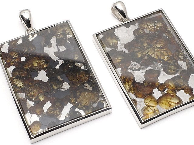 Kenya Sericho Pallasite Meteorite Rectangle Pendant 36x27mm Silver925