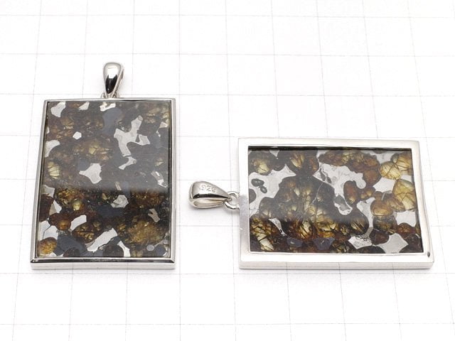 Kenya Sericho Pallasite Meteorite Rectangle Pendant 36x27mm Silver925