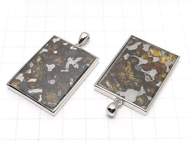 Kenya Sericho Pallasite Meteorite Rectangle Pendant 36x27mm Silver925