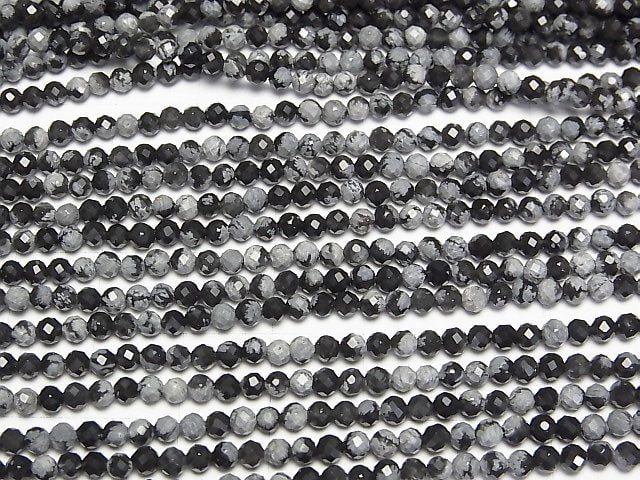 [Video]High Quality! Snowflake Obsidian Faceted Round 3mm 1strand beads (aprx.15inch/38cm)