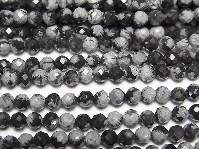 [Video]High Quality! Snowflake Obsidian Faceted Round 4mm 1strand beads (aprx.15inch/37cm)