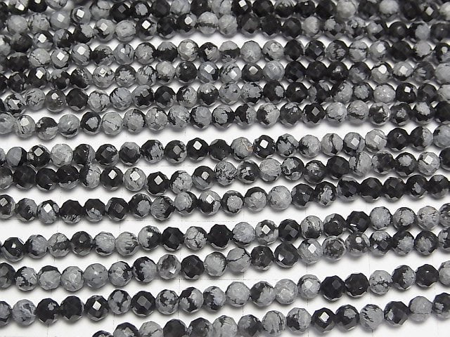 [Video]High Quality! Snowflake Obsidian Faceted Round 4mm 1strand beads (aprx.15inch/37cm)