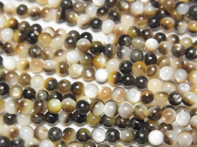 [Video] Brown-Black Shell (Black-lip Oyster) Round 3mm 1strand beads (aprx.15inch/37cm)