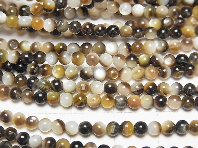 [Video] Brown-Black Shell (Black-lip Oyster) Round 3mm 1strand beads (aprx.15inch/37cm)