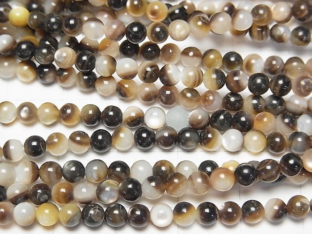 [Video] Brown-Black Shell (Black-lip Oyster) Round 4mm 1strand beads (aprx.15inch/37cm)