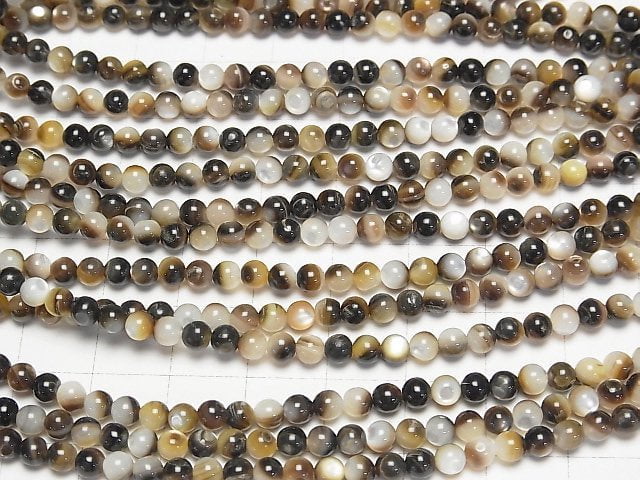 [Video] Brown-Black Shell (Black-lip Oyster) Round 4mm 1strand beads (aprx.15inch/37cm)