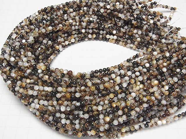 [Video] Brown-Black Shell (Black-lip Oyster) Round 4mm 1strand beads (aprx.15inch/37cm)