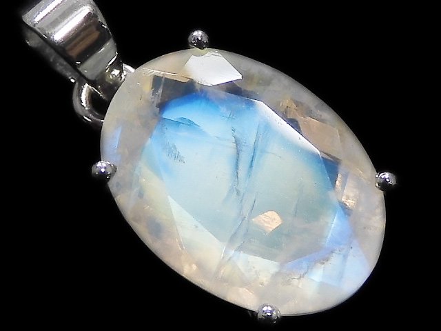 [Video][One of a kind] High Quality Rainbow Moonstone AAA Faceted Pendant Silver925 NO.50