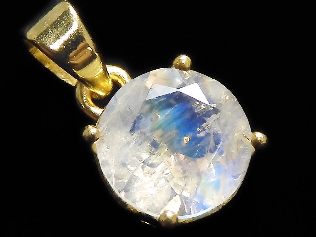 [Video][One of a kind] High Quality Rainbow Moonstone AAA Faceted Pendant 18KGP NO.51