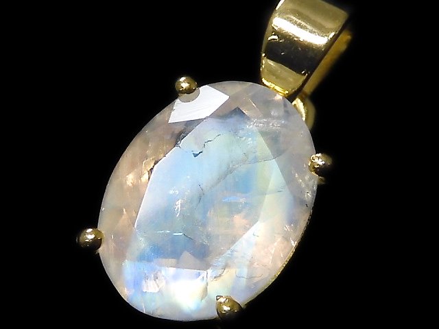 [Video][One of a kind] High Quality Rainbow Moonstone AAA Faceted Pendant 18KGP NO.53