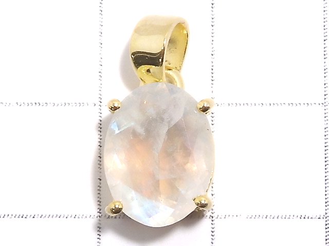 [Video][One of a kind] High Quality Rainbow Moonstone AAA Faceted Pendant 18KGP NO.53