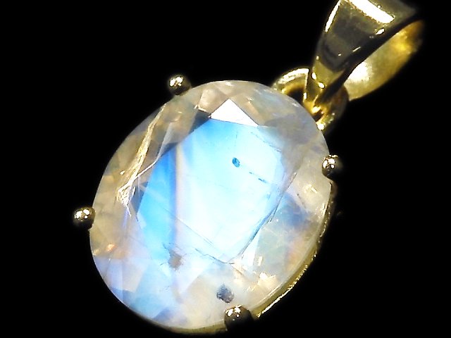 [Video][One of a kind] High Quality Rainbow Moonstone AAA Faceted Pendant 18KGP NO.54