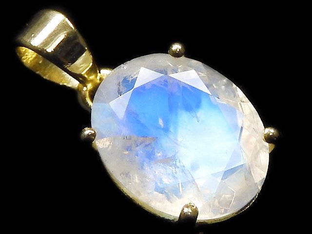 [Video][One of a kind] High Quality Rainbow Moonstone AAA Faceted Pendant 18KGP NO.55