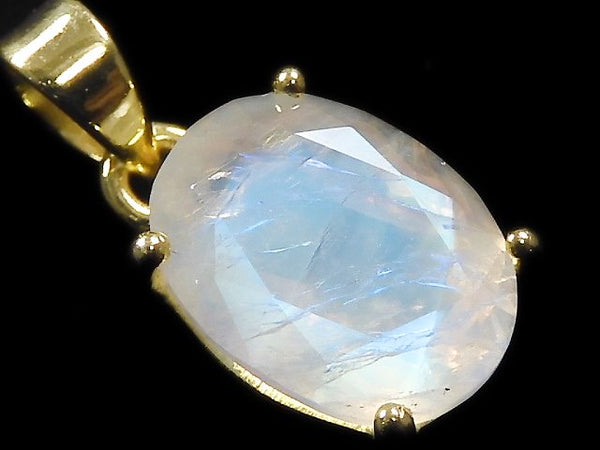 [Video][One of a kind] High Quality Rainbow Moonstone AAA Faceted Pendant 18KGP NO.56