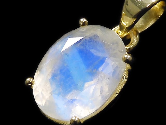 [Video][One of a kind] High Quality Rainbow Moonstone AAA Faceted Pendant 18KGP NO.57