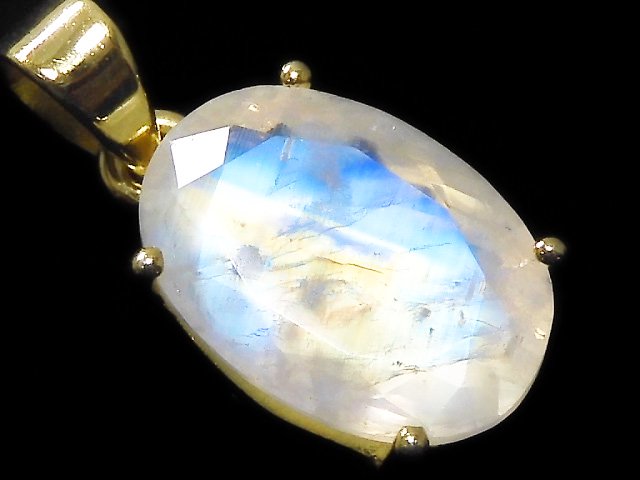 [Video][One of a kind] High Quality Rainbow Moonstone AAA Faceted Pendant 18KGP NO.59