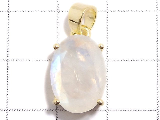 [Video][One of a kind] High Quality Rainbow Moonstone AAA Faceted Pendant 18KGP NO.59