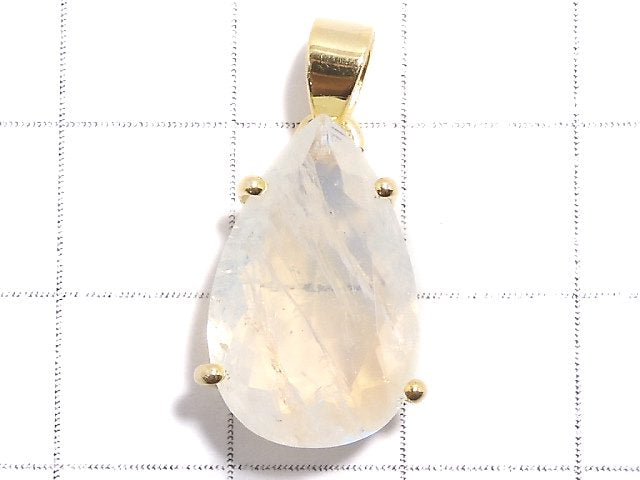 [Video][One of a kind] High Quality Rainbow Moonstone AAA Faceted Pendant 18KGP NO.60