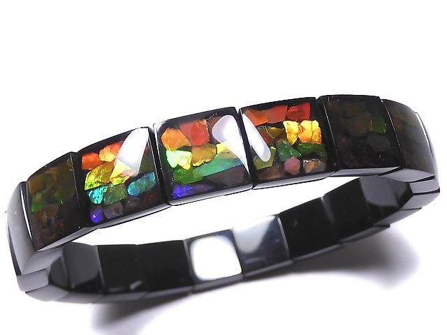 [Video][One of a kind] High Quality Ammolite AAA 2-hole Square 12x11.5x4.5mm Bracelet NO.4