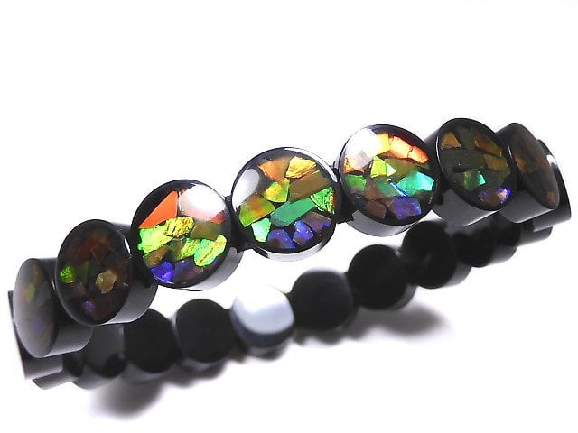 [Video][One of a kind] High Quality Ammolite AAA 2-hole Coin 10x10x4.5mm Bracelet NO.7