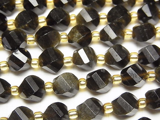 [Video]High Quality! Golden Obsidian AAA Twist x Multiple Facets 8x6x6mm 1strand beads (aprx.15inch/36cm)