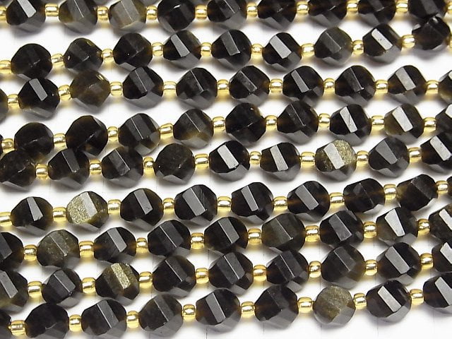 [Video]High Quality! Golden Obsidian AAA Twist x Multiple Facets 8x6x6mm 1strand beads (aprx.15inch/36cm)