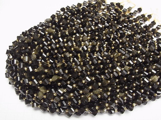 [Video]High Quality! Golden Obsidian AAA Twist x Multiple Facets 8x6x6mm 1strand beads (aprx.15inch/36cm)