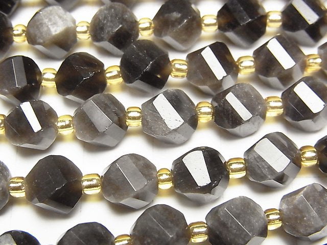 [Video]High Quality! Silver Obsidian AAA Twist x Multiple Facets 8x7x7mm 1strand beads (aprx.15inch/36cm)