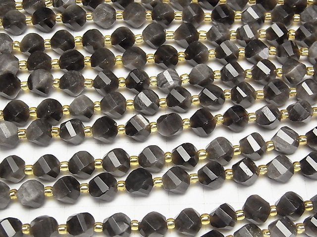 [Video]High Quality! Silver Obsidian AAA Twist x Multiple Facets 8x7x7mm 1strand beads (aprx.15inch/36cm)