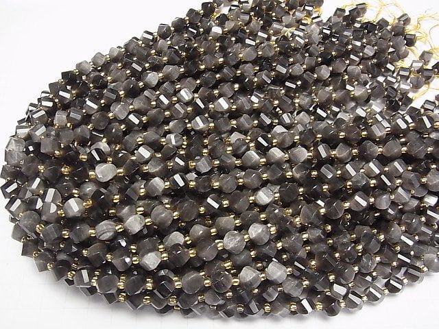 [Video]High Quality! Silver Obsidian AAA Twist x Multiple Facets 8x7x7mm 1strand beads (aprx.15inch/36cm)