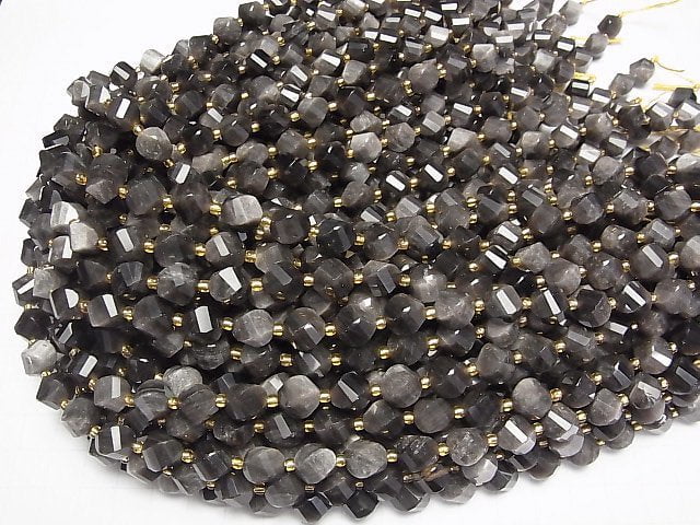 [Video]High Quality! Silver Obsidian AAA Twist x Multiple Facets 10x8x8mm 1strand beads (aprx.15inch/36cm)