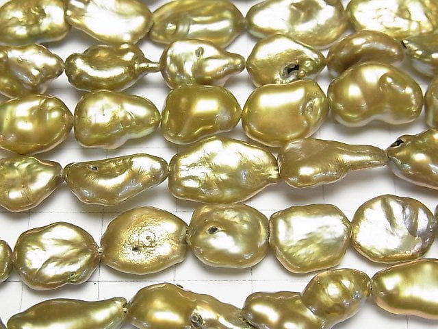 [Video] Fresh Water Pearl Keshi Pearl AA Baroque 10-15mm Olive Green 1strand beads (aprx.15inch/37cm)