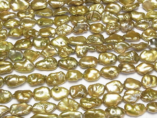 [Video] Fresh Water Pearl Keshi Pearl AA Baroque 10-15mm Olive Green 1strand beads (aprx.15inch/37cm)