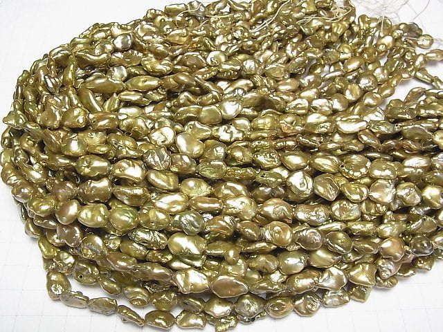 [Video] Fresh Water Pearl Keshi Pearl AA Baroque 10-15mm Olive Green 1strand beads (aprx.15inch/37cm)