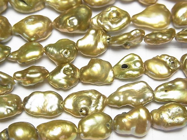 [Video] Fresh Water Pearl Keshi Pearl AA Baroque 9-17mm Olive Green 1strand beads (aprx.15inch/37cm)