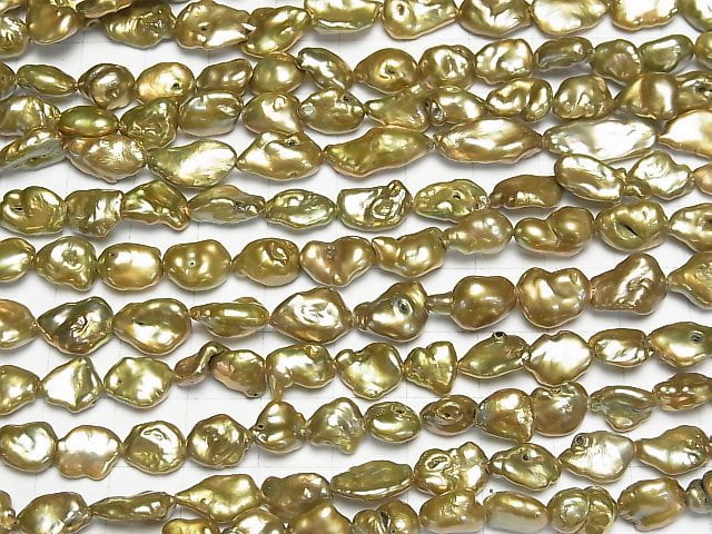 [Video] Fresh Water Pearl Keshi Pearl AA Baroque 9-17mm Olive Green 1strand beads (aprx.15inch/37cm)